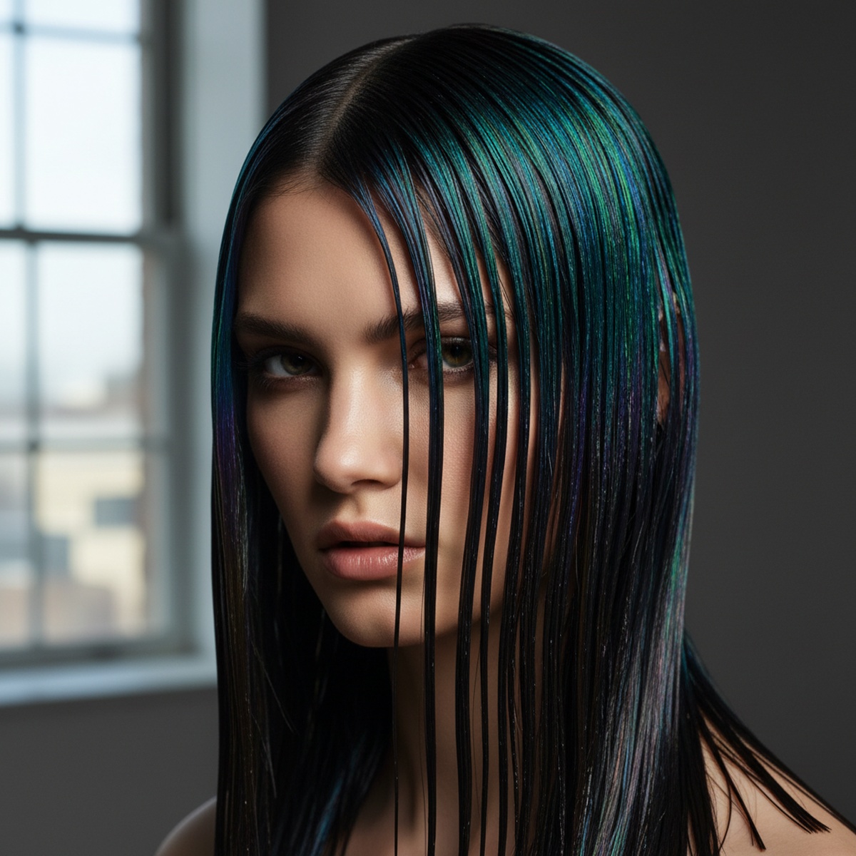 Model with holographic drip hair in vibrant blues, purples, and greens, ultra-glossy finish.
