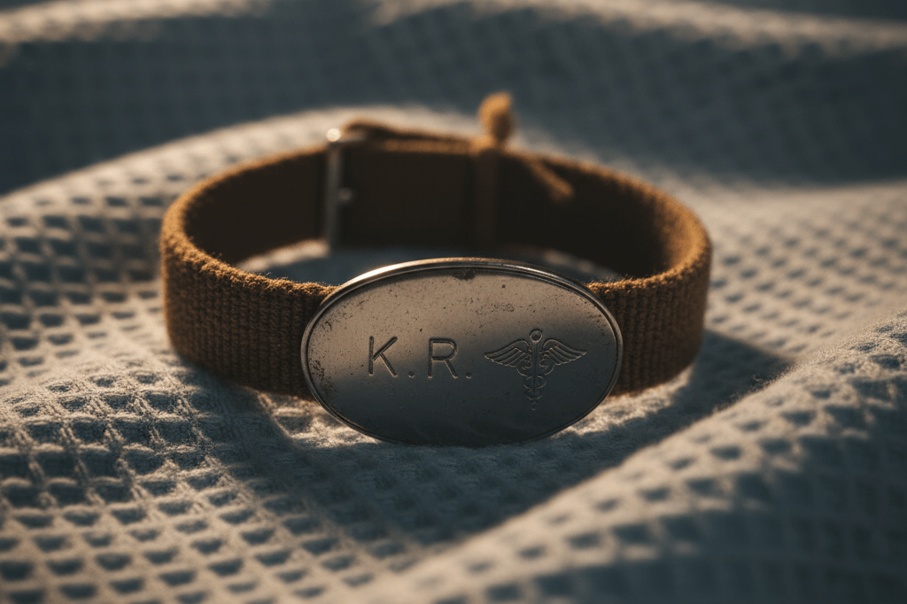 Close-up of a medical ID bracelet on a hospital blanket under warm ambient light, representing genuine narrative depth