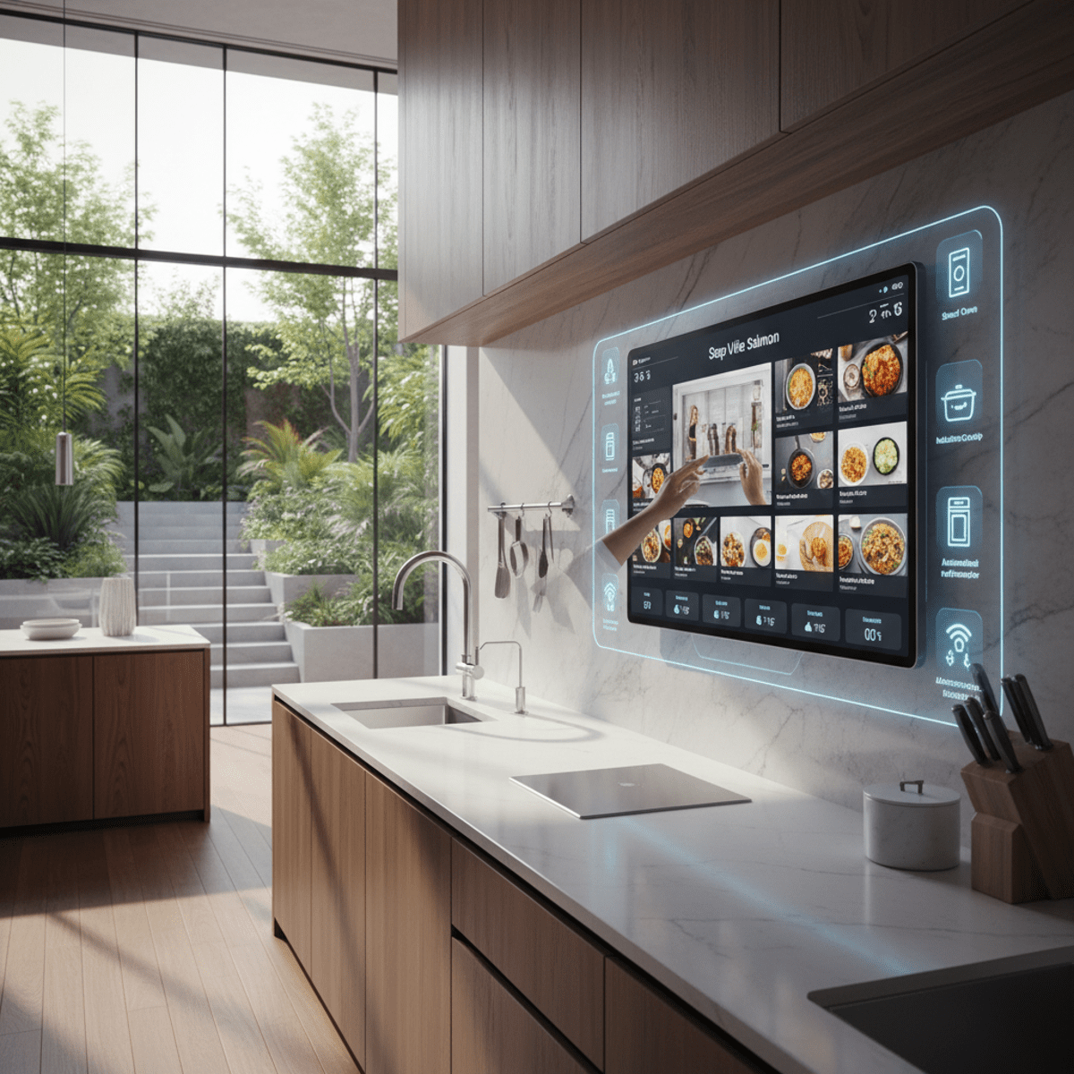 Futuristic smart home command center with tablet on stone backsplash and connected appliance controls.