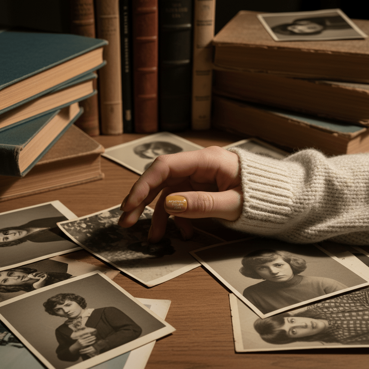 Hand with archival yellow nails on a desk with vintage books and portraits.