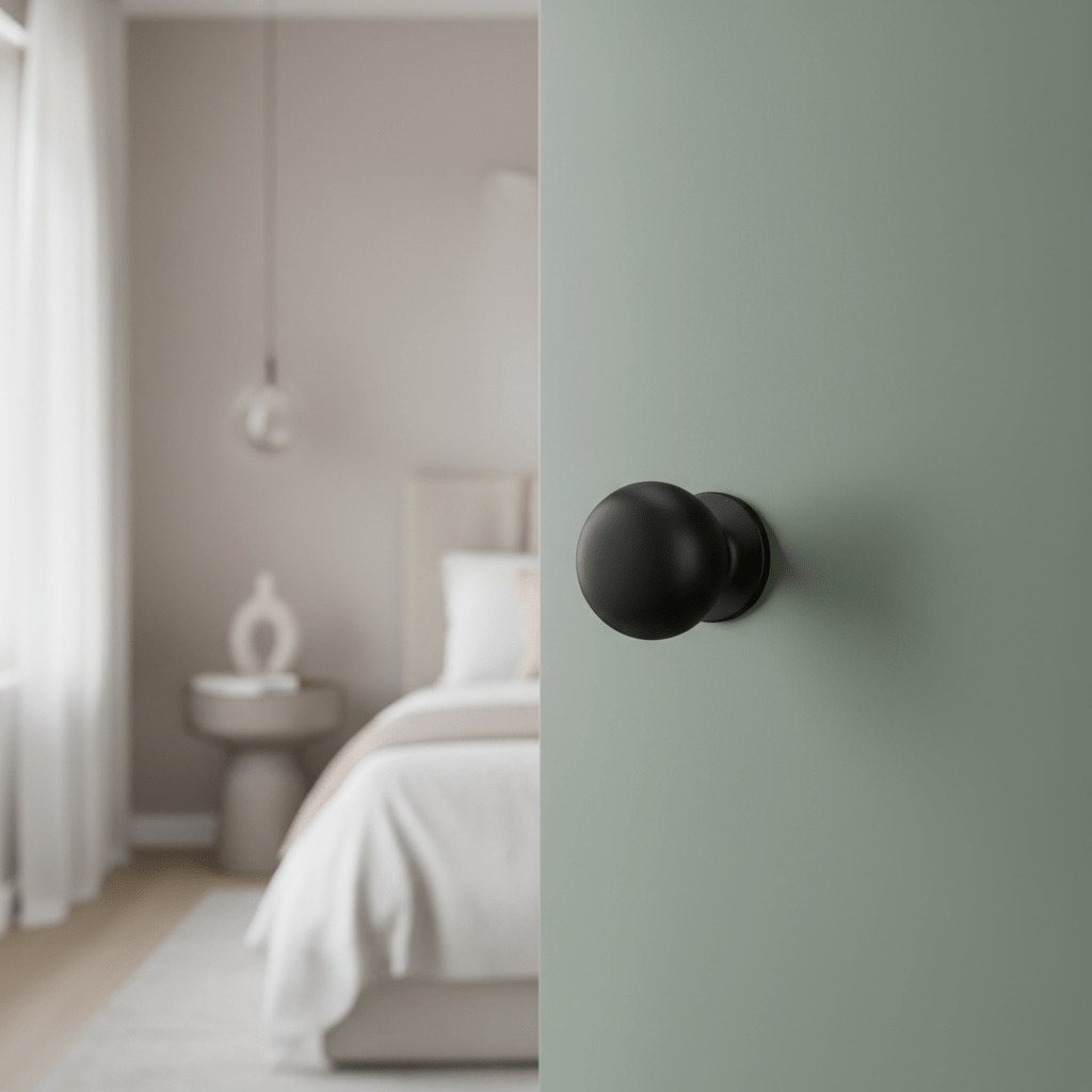 Ultra-matte black round doorknob on a sage green interior door.