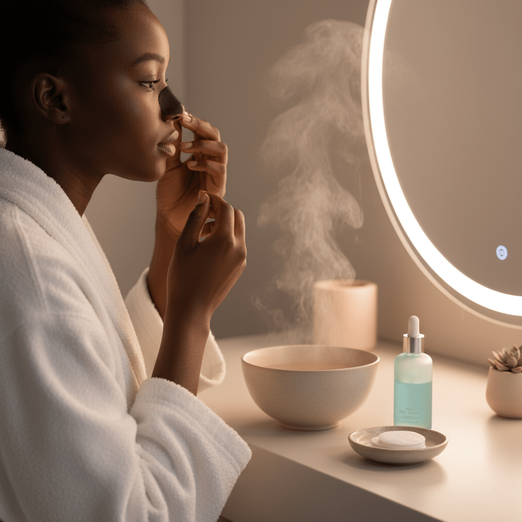 Applying a blackhead nose strip as part of a home spa ritual with gentle steam.