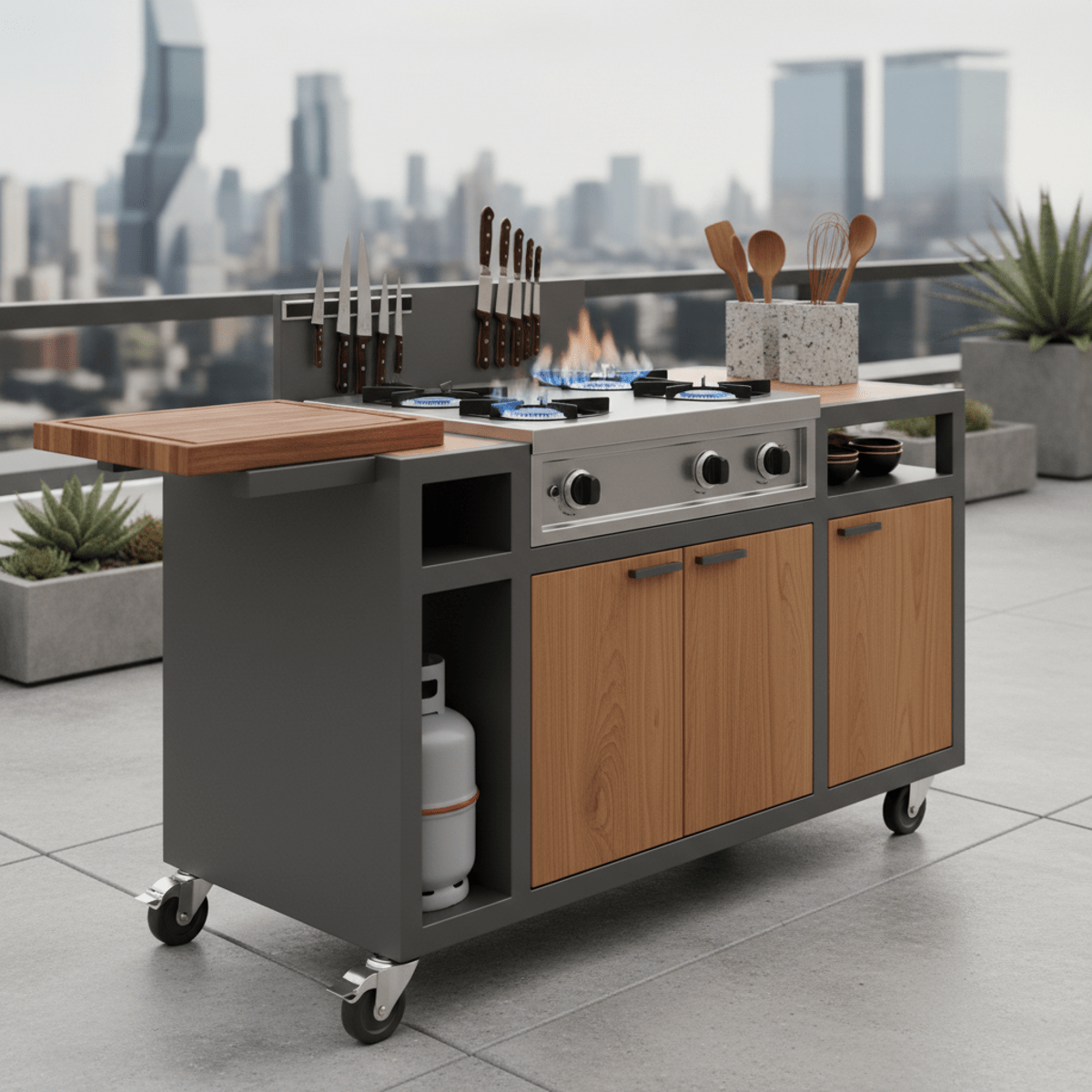 Sleek modular gas stove integrated into an outdoor kitchen cart with teak panels.