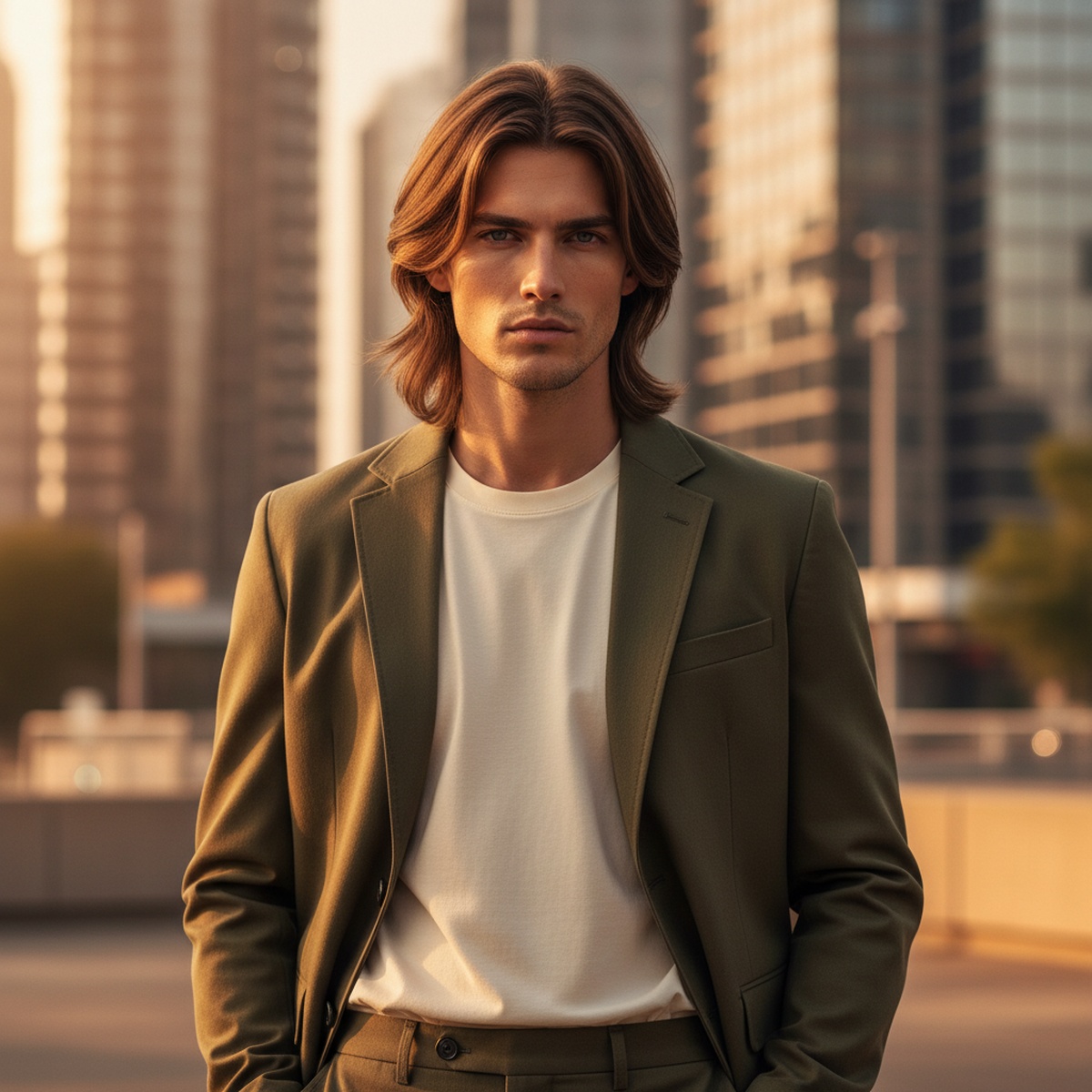 Male model with evolved wolf cut and smooth blowout, posing in urban setting.