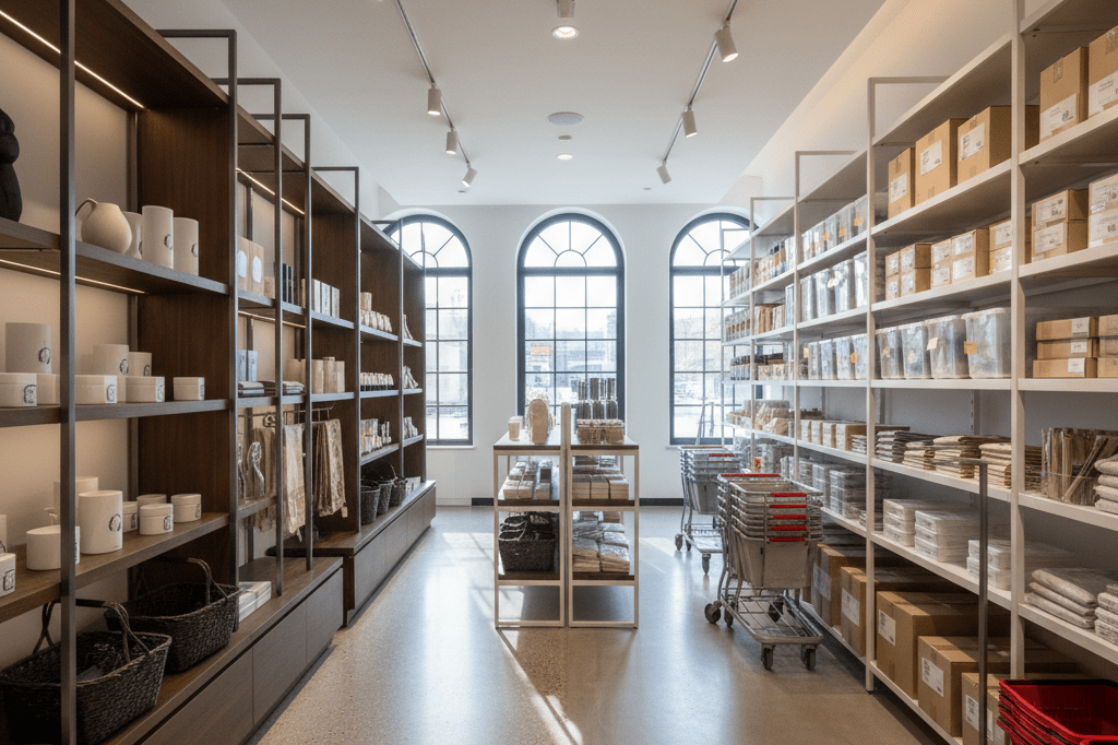 Modern retail store aisle split into luxury and value sections reflecting senior consumer demographics