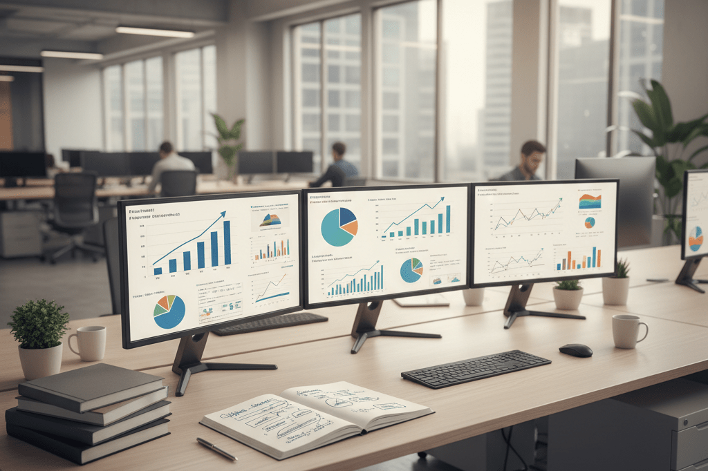 Organized office desk with analytics charts and notebooks under natural light, symbolizing effective resource management strategies