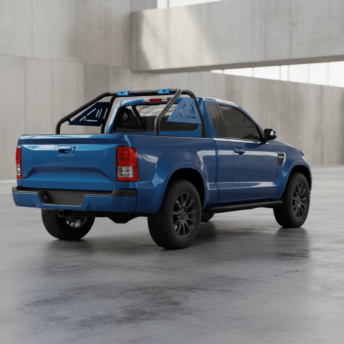 Rugged truck with matte black roll bars and vibrant metallic blue accents.