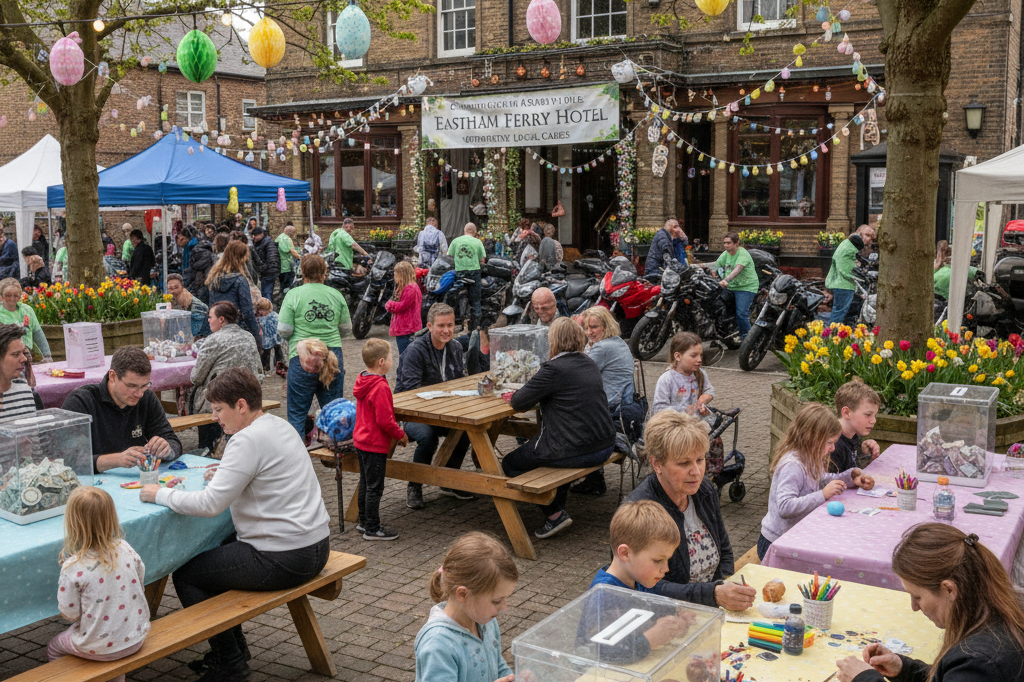 Wide shot of Eastham Ferry Hotel hosting family-friendly activities amidst a large-scale motorcycle charity event under warm ambient lighting