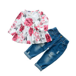 Long Sleeved Suit Girls Big Flower Rose Print Top Stretch Jeans Suit