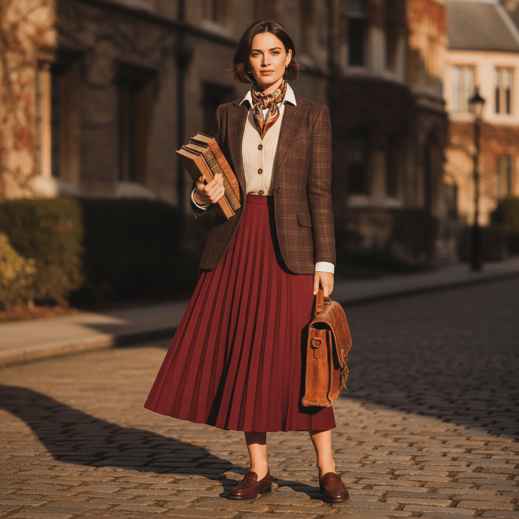 Street style portrait with wool skirt, blazer, and books outside academic buildings.