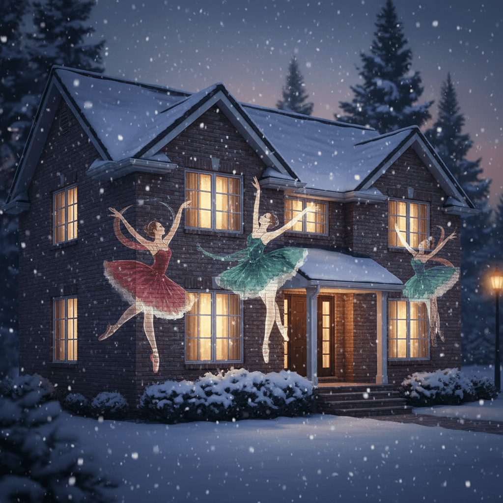 Cozy two-story home facade illuminated by animated Christmas light dancers on a snowy winter night.
