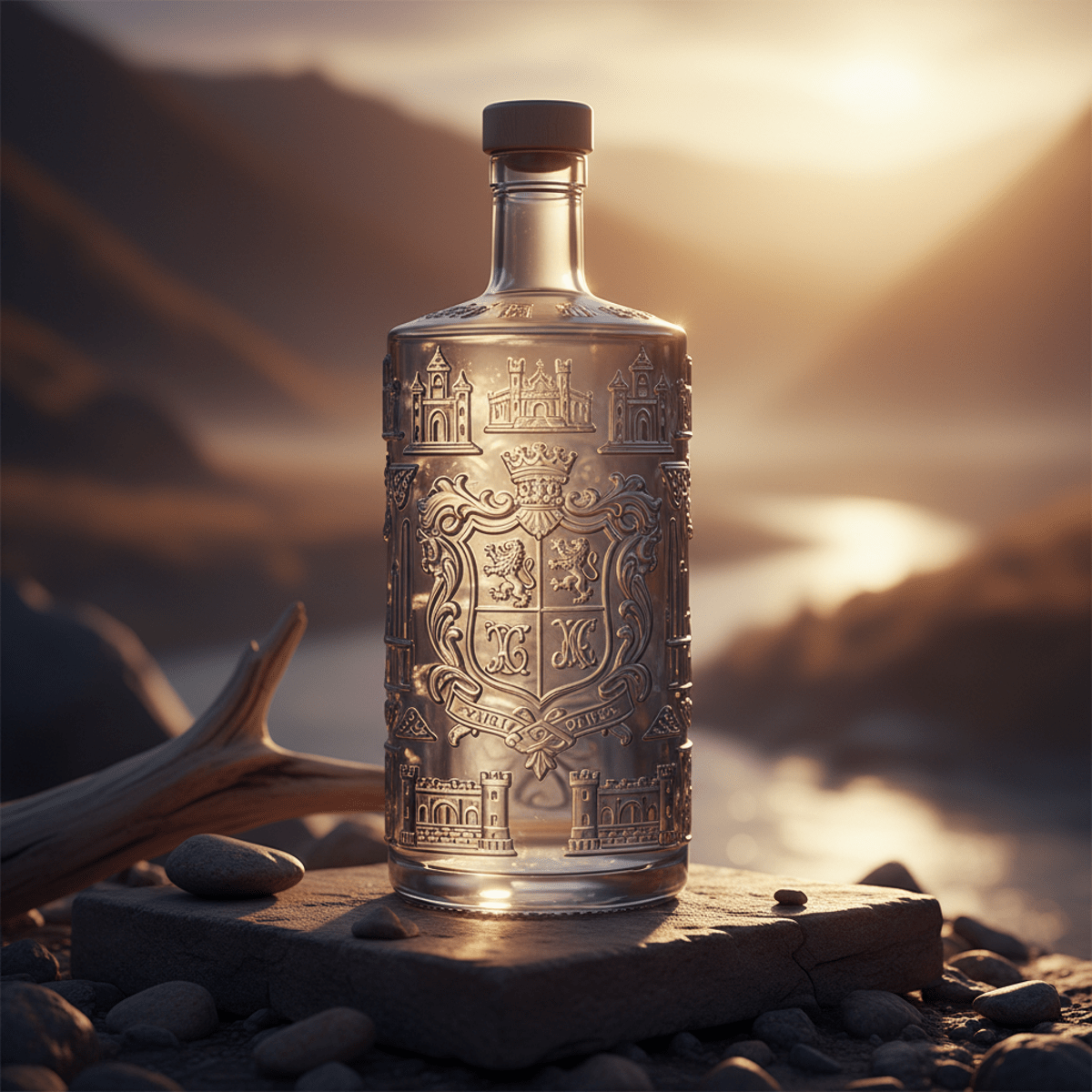 Luxury clear glass vodka bottle with embossed crest and architectural motifs.