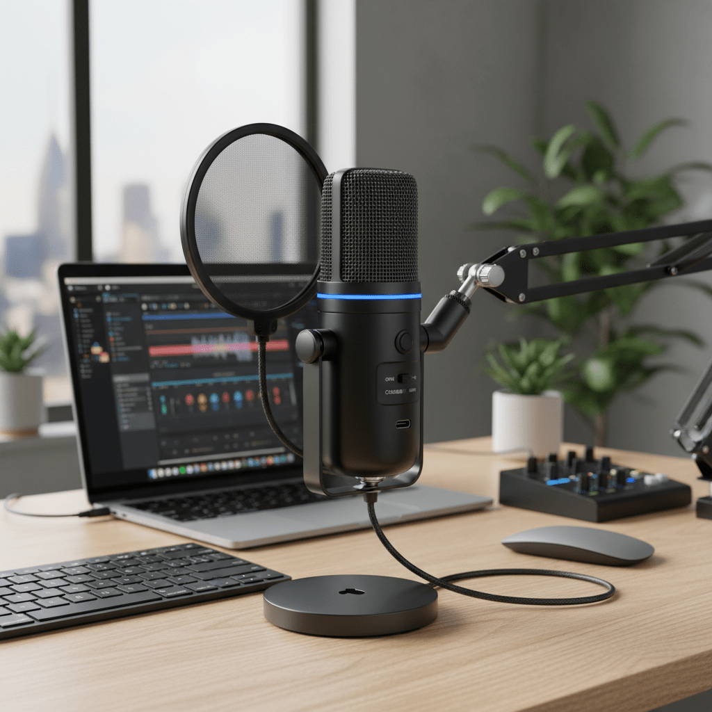 Affordable USB-C condenser microphone on a modern desk, ready for recording.
