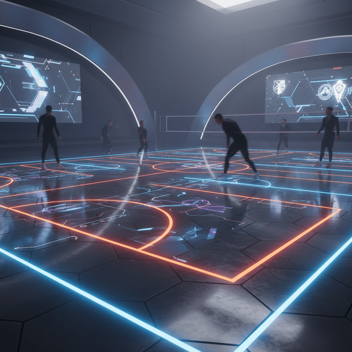 Futuristic sport court with glowing neon lines and animated patterns in twilight.