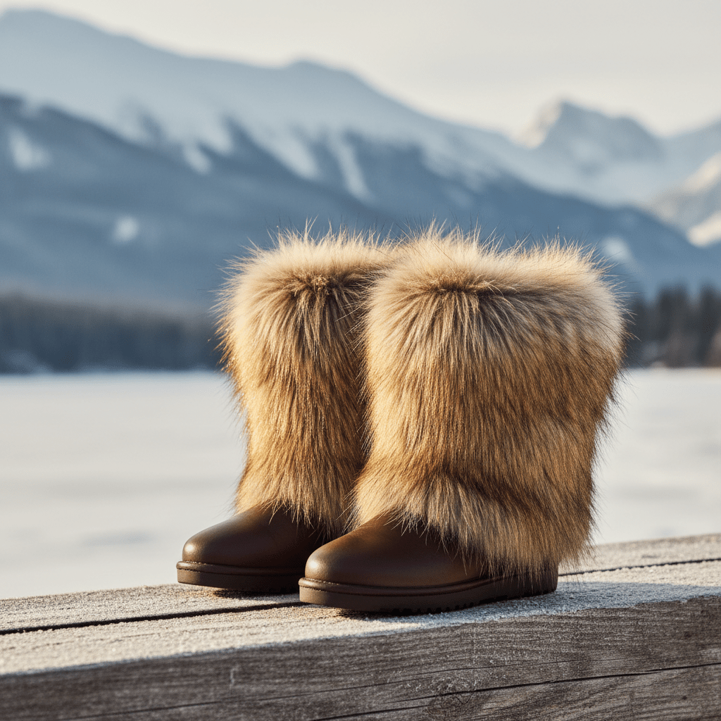 Chic fur-lined leather boots with metallic gold faux fur cuffs. Luxurious fur-lined leather boots with shimmering gold cuffs on a snowy platform.