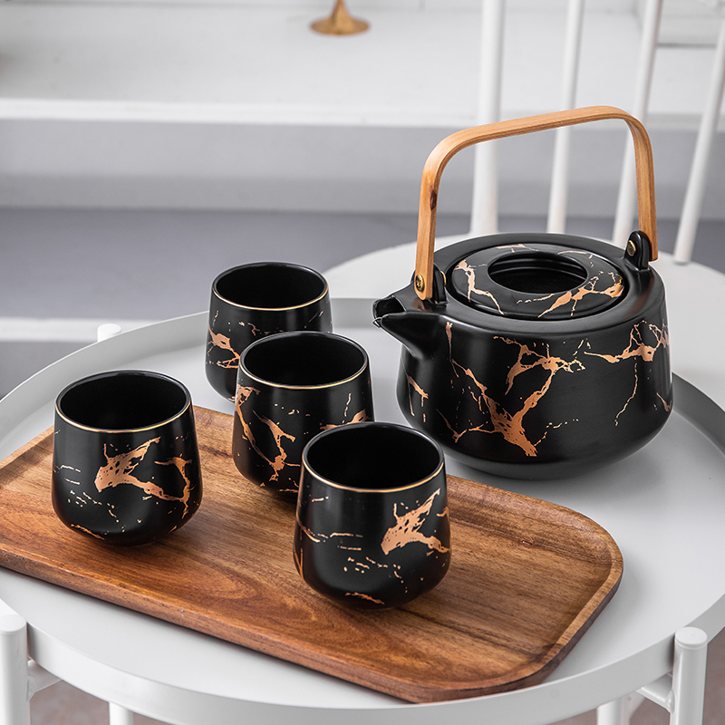 Best Selling Marble Design Porcelain 6 Pieces Coffee Cup Ceramic Tea Pot Set