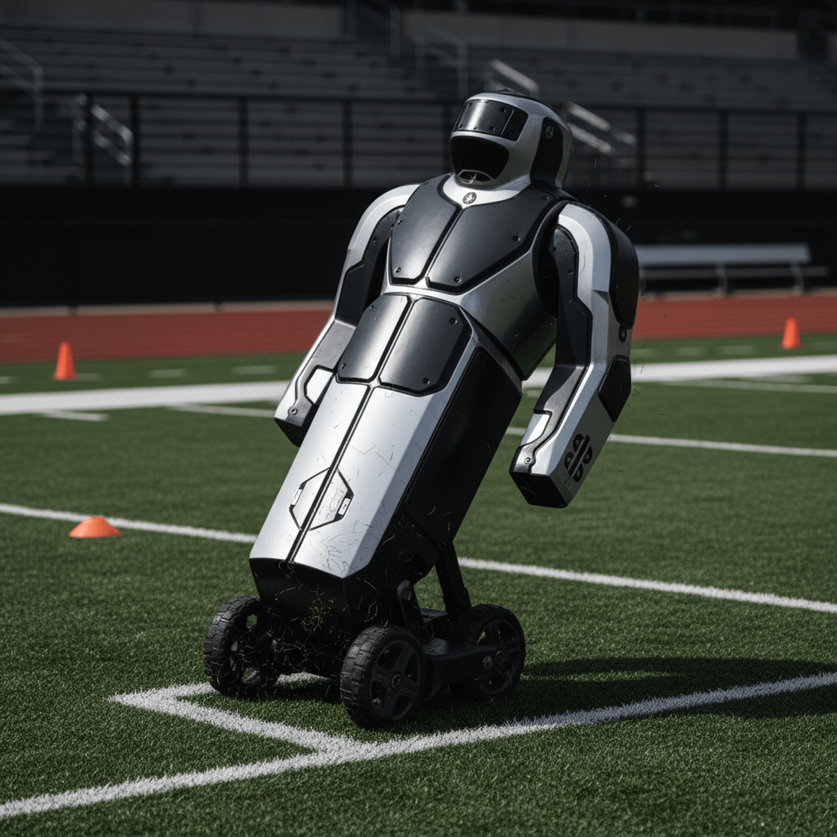 Robotic football tackle dummy with segmented panels and exposed mechanics on artificial turf.
