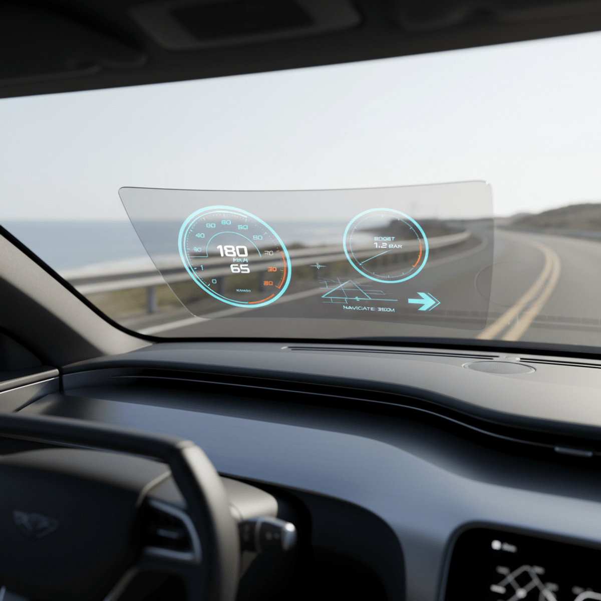 Futuristic heads-up display projects digital gauges onto a modern sports sedan windshield.