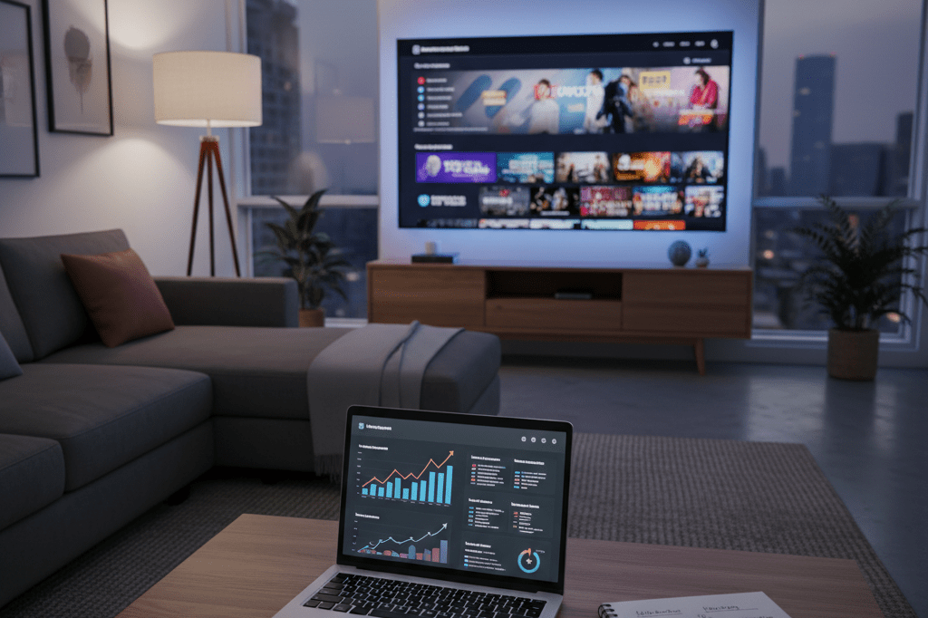 Wide shot of a living room with TV and laptop reflecting streaming platform analytics under ambient lighting