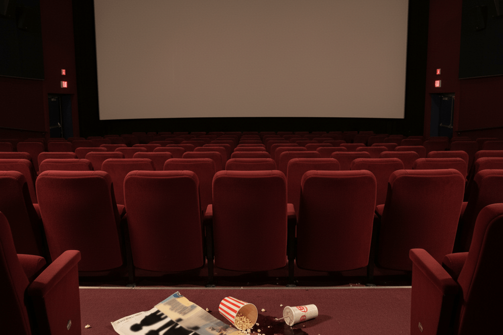 An abandoned cinema with fallen poster and spilled snacks under dim lighting, representing disappointment in audience engagement