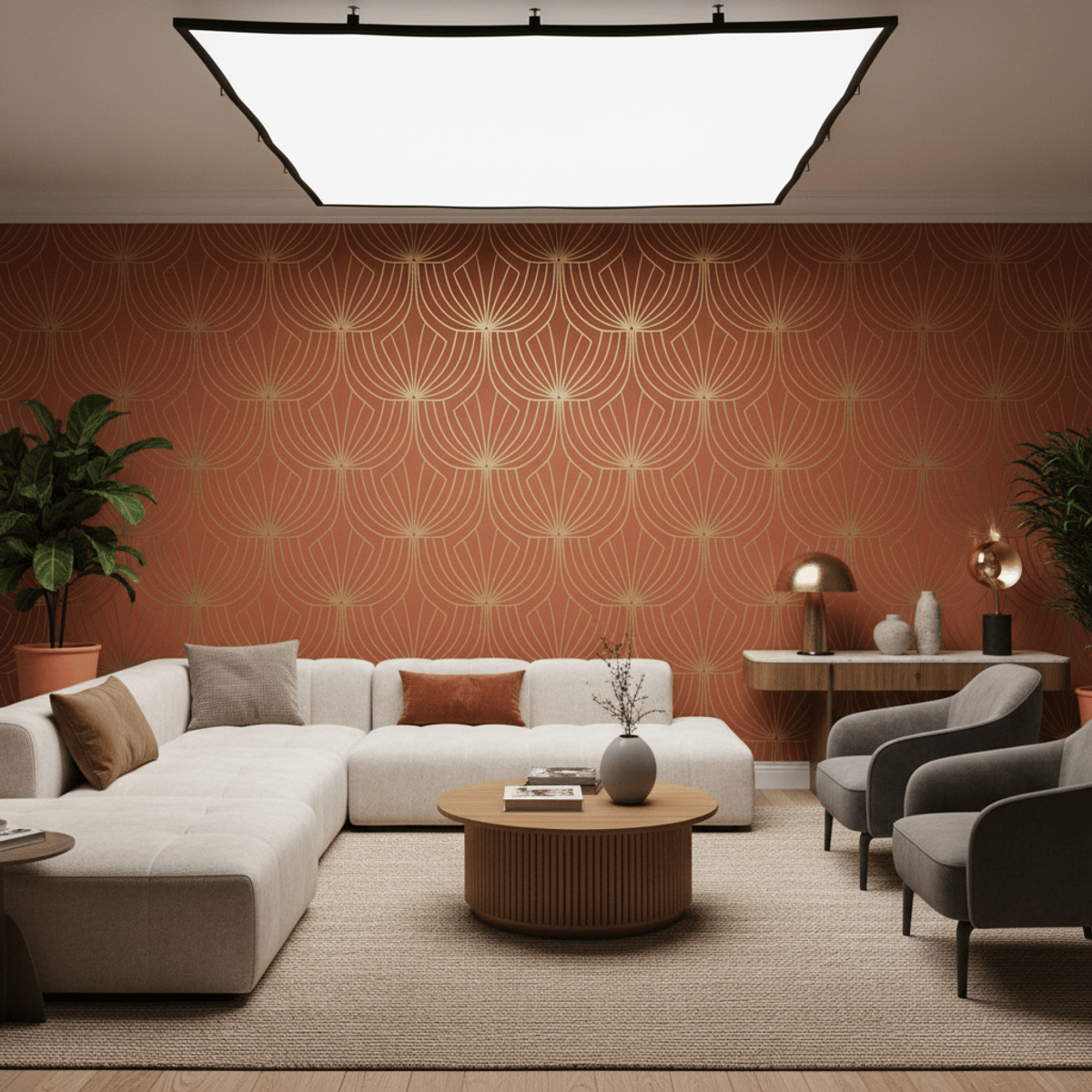 Modern Art Deco living room with geometric wallpaper design. Sophisticated living room featuring trendy Art Deco geometric wallpaper in terracotta and brass.