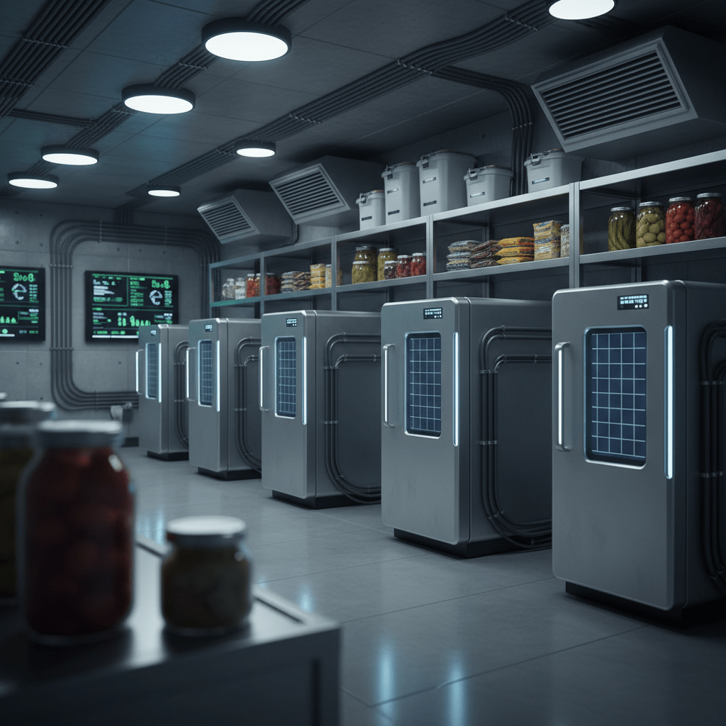 High-tech prepper basement with solar refrigerators and preserved food supplies.