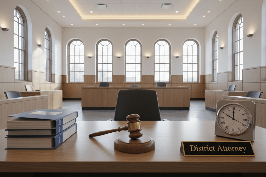 Wide shot of a courtroom desk with gavel, legal documents, and clock under natural light, conveying authority and trust