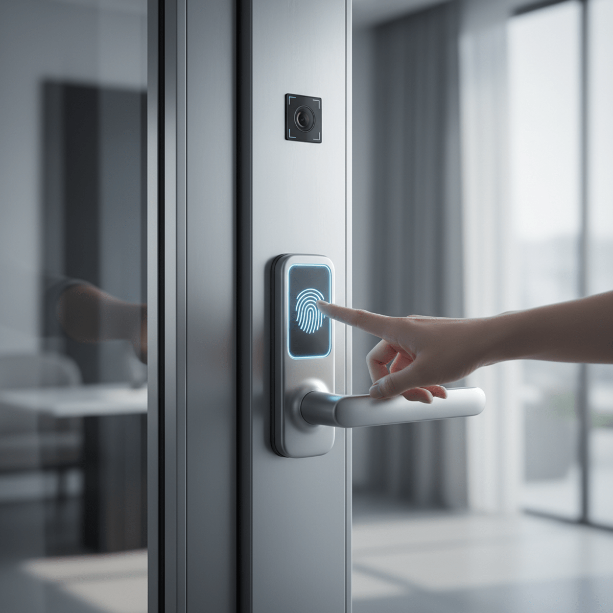 Sleek futuristic auto door opener with fingerprint scanner and facial recognition.