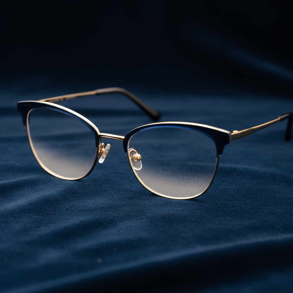 Modern cat-eye glasses with seamless bifocal lenses in blue and gold.