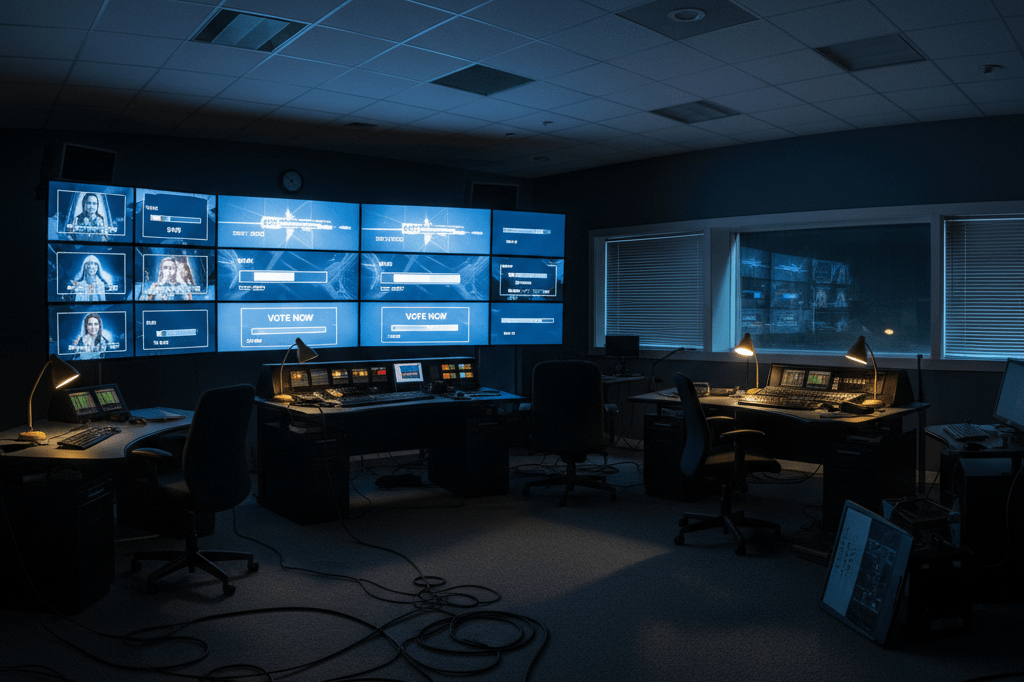 Darkened control room with glowing monitors and scattered cables under soft mixed lighting, evoking crisis in entertainment production