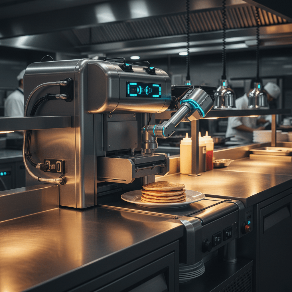 Automated pancake machine with polished steel in a high-tech restaurant kitchen.