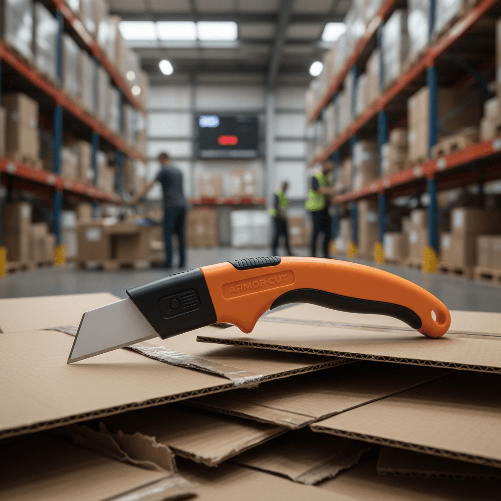 Close-up of an orange ergonomic safety cutter on cardboard boxes in a warehouse.