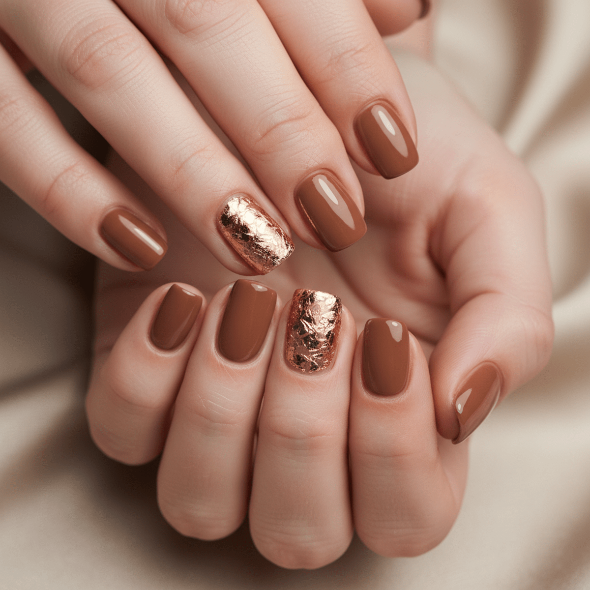 Close-up of mocha mousse nails with gold foil flecks and a glossy finish.