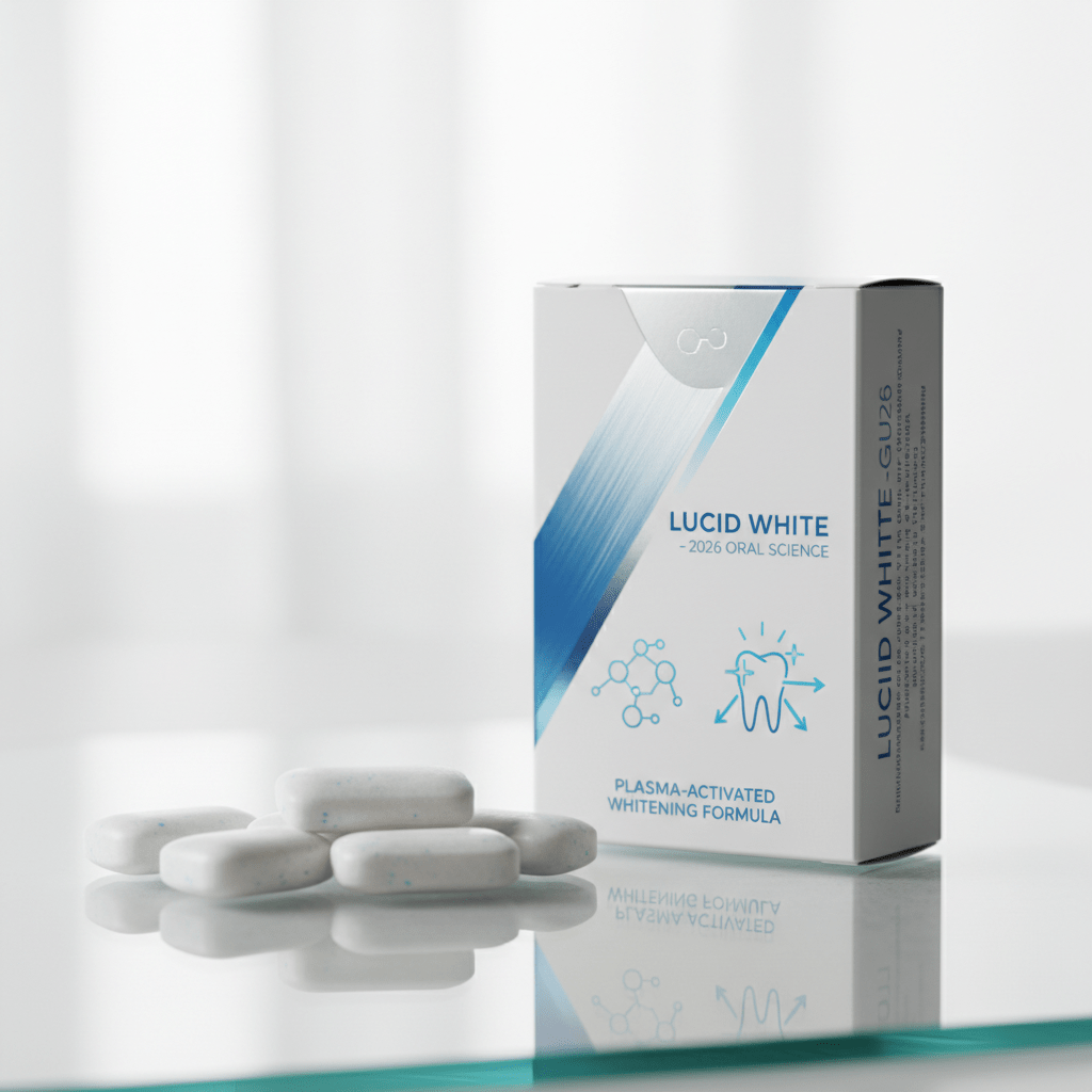 Futuristic teeth whitening gum arranged on a sleek glass surface with minimalist packaging.