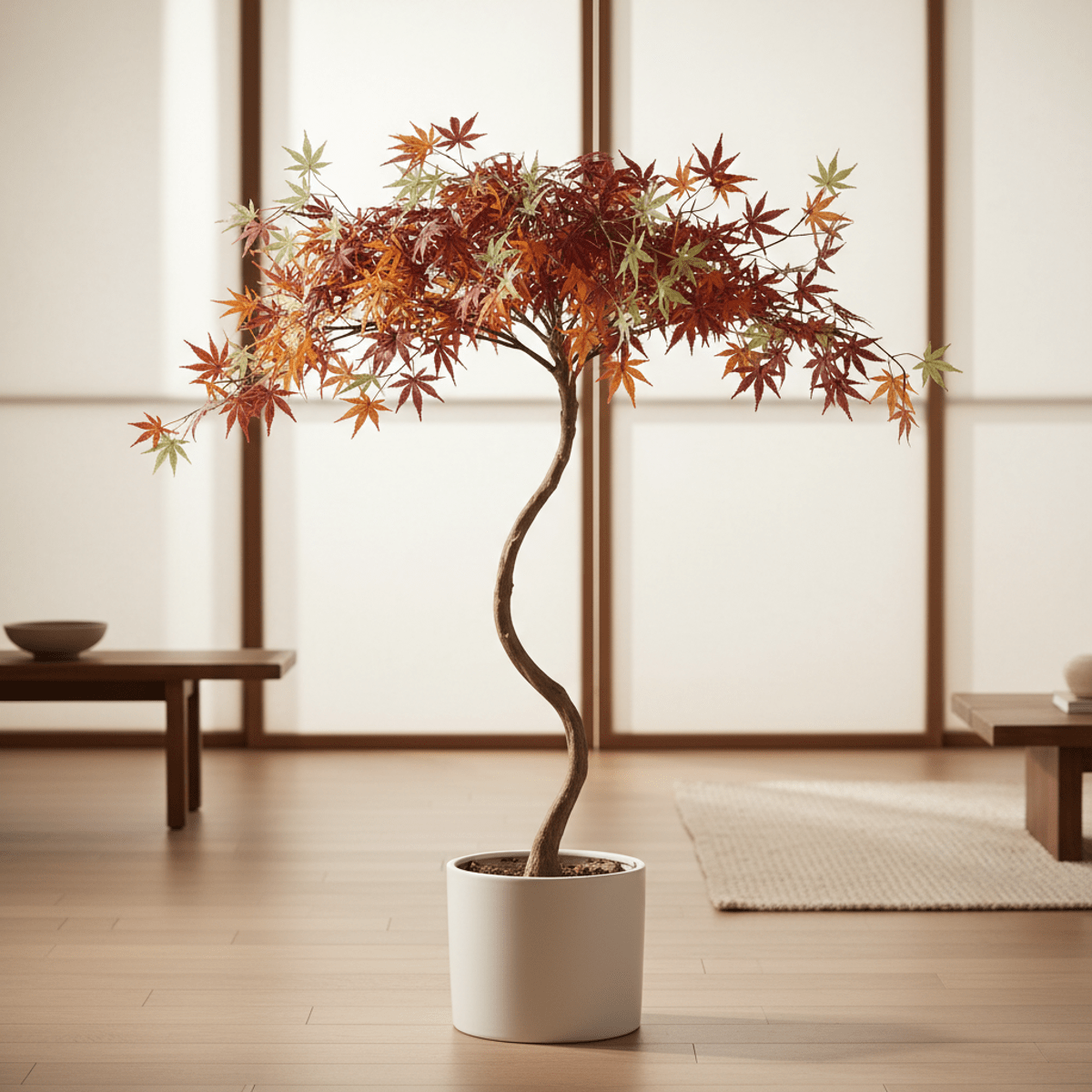 Faux Japanese maple tree in matte white planter on wooden floor, minimalist Japandi style.