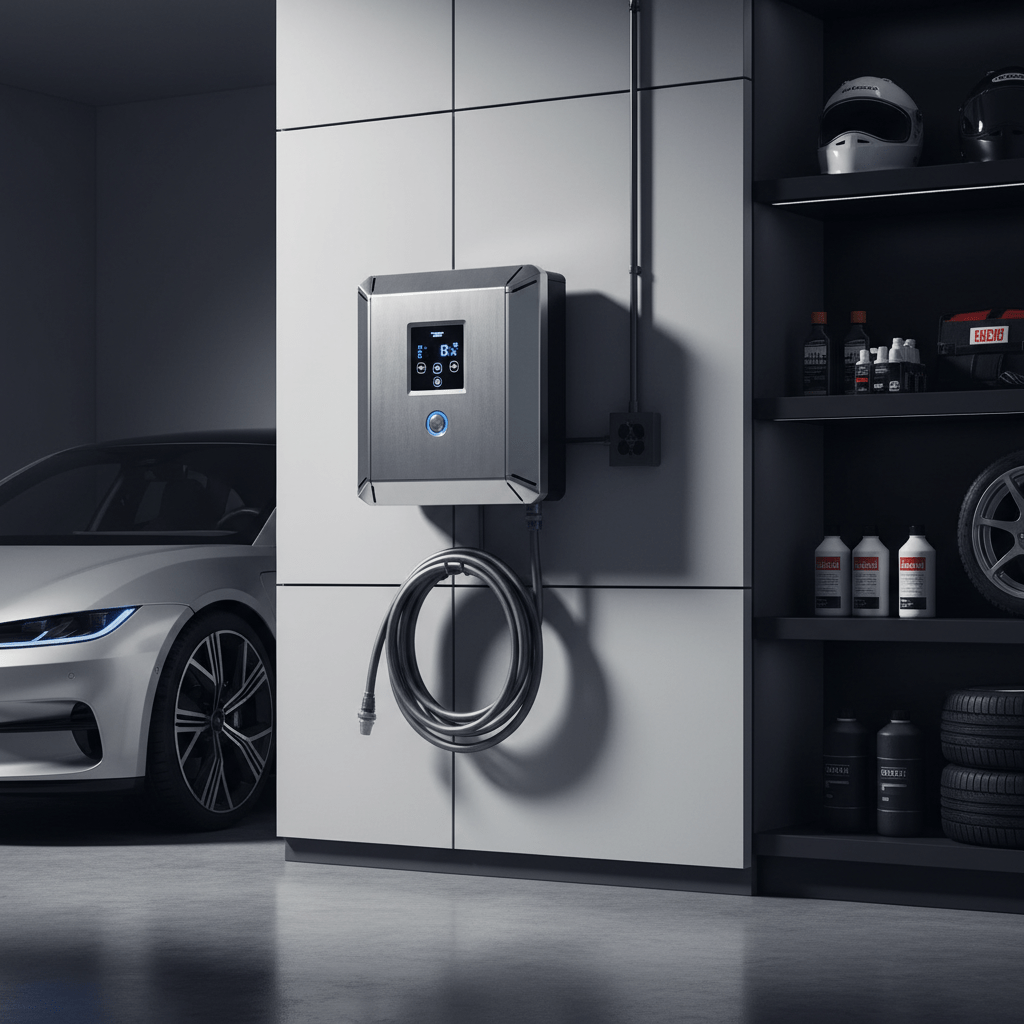 Integrated power washer in a modern garage with brushed aluminum and digital display.