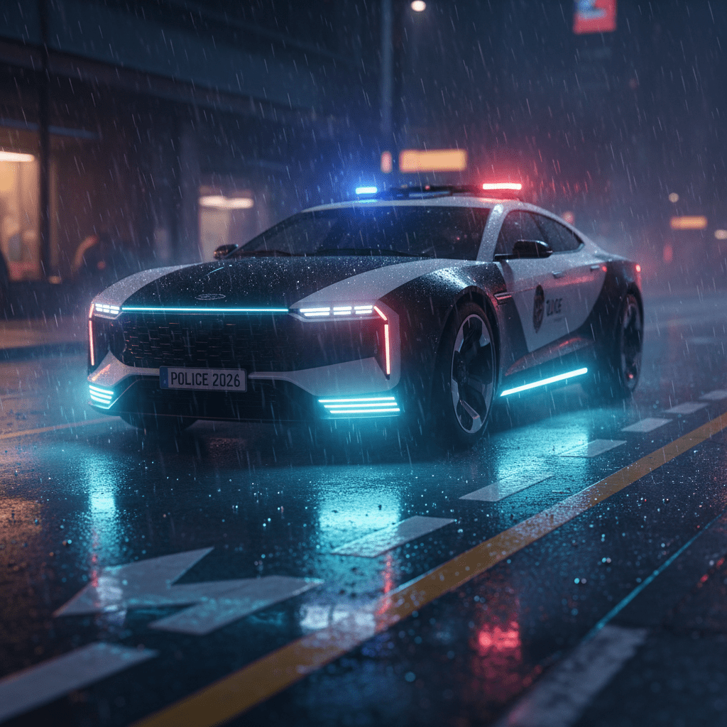 Futuristic police car in heavy rain at night, with glowing LED lights on wet asphalt.