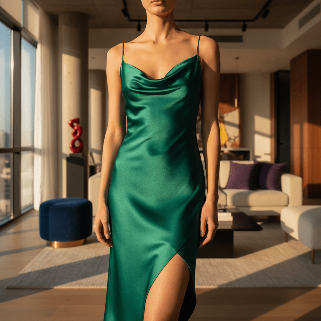 Modern emerald silk slip dress with cowl neck and asymmetric hem in golden hour light.