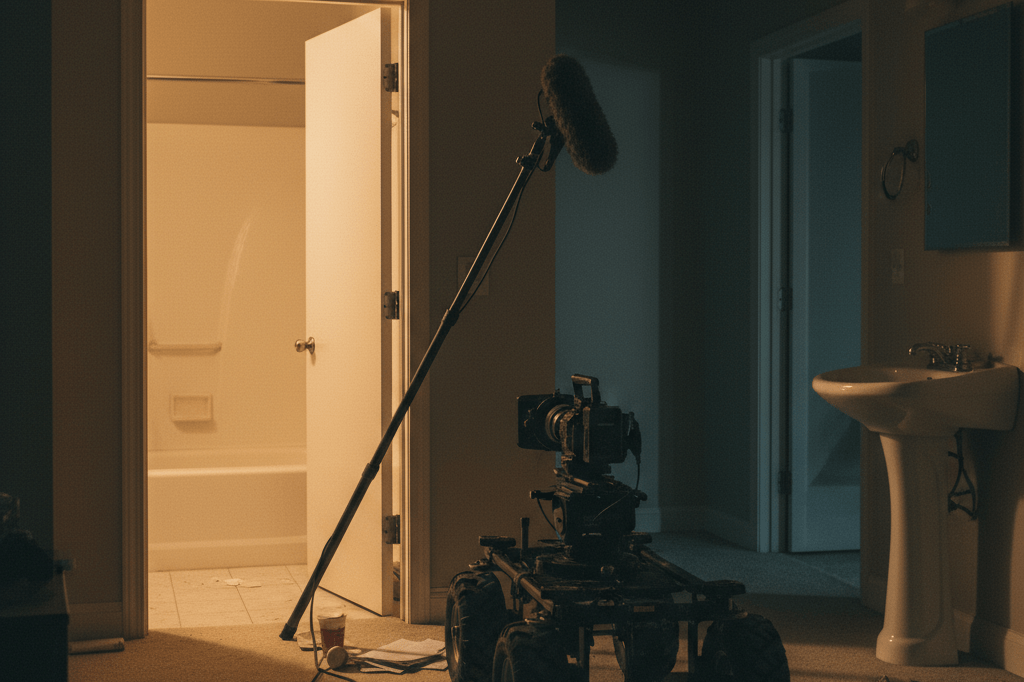 An unoccupied TV set bathroom with production gear hinting at unseen drama moments