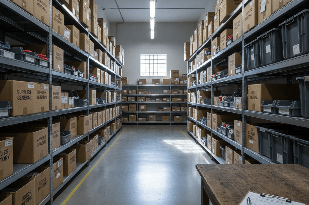 Organized retail stockroom during inventory redistribution process Wide shot of a retail stockroom with generic supplies and a clipboard under natural light, highlighting supply chain management amid restructuring