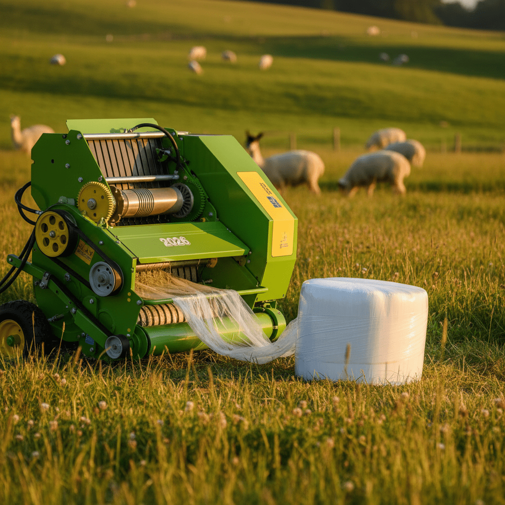 Mini baler ejects a freshly wrapped compact bale in a sunny rural meadow.