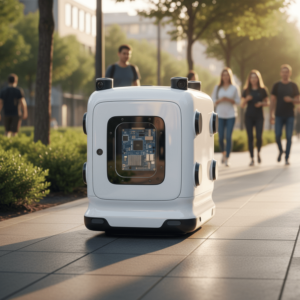 Futuristic delivery robot glides on a modern urban sidewalk during golden hour.