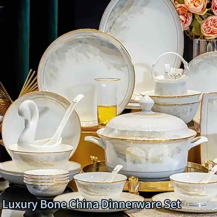 Luxury Bone China Dinner Set Ceramic Golden Rim Plates Platter