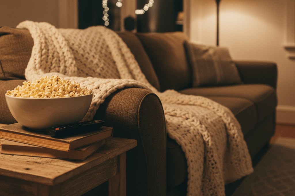 Cozy living room scene with blanket, popcorn, and lamp light suggesting relaxed entertainment viewing