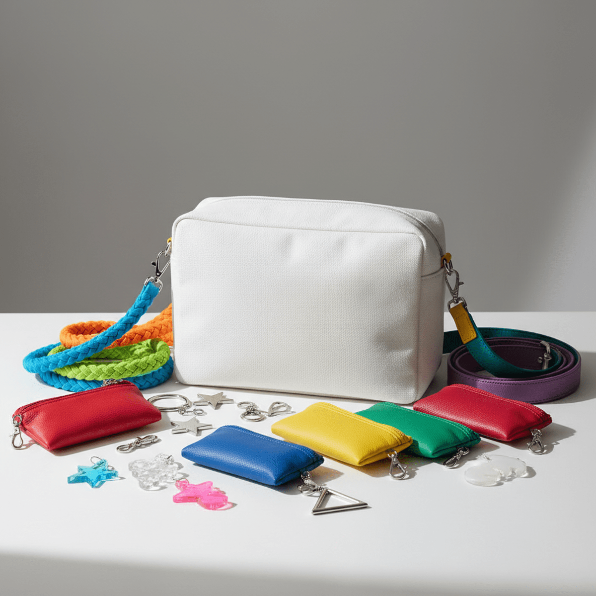 Modular white canvas bag with colorful straps and pouches on studio table.