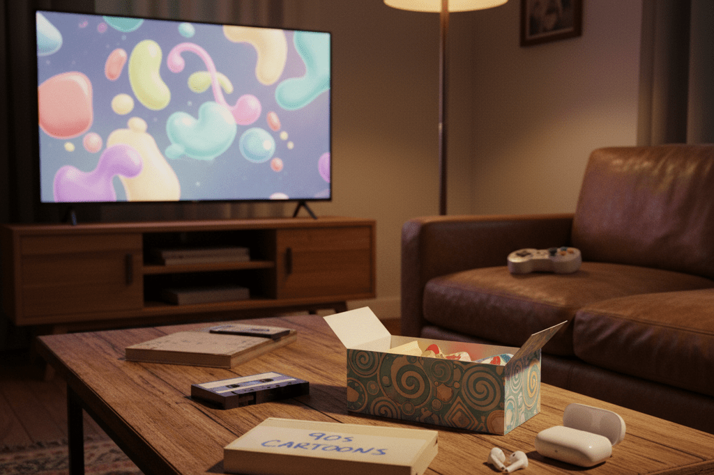 Medium shot of a cozy living room with retro gaming and candy elements, evoking nostalgia-driven marketing without showing people or branded content