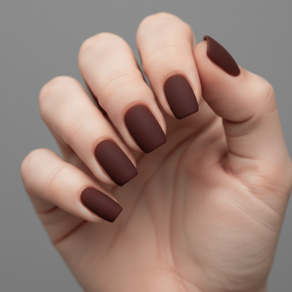 Close-up of burgundy velvet matte nails with a rich, light-absorbing cherry cola hue.
