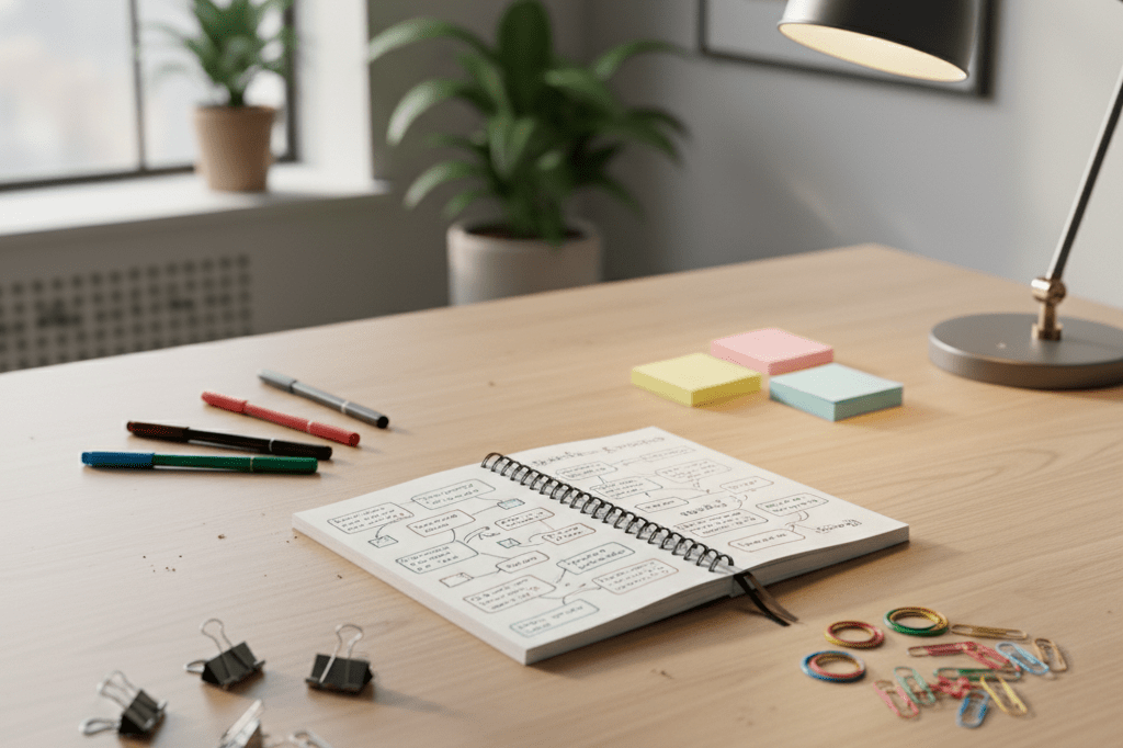 Wide shot of a desk with organized object groups under natural light, symbolizing systematic market segmentation strategies