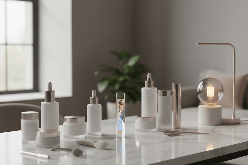 Sleek vanity with generic skincare and a glowing vial under natural light, symbolizing beauty transformation