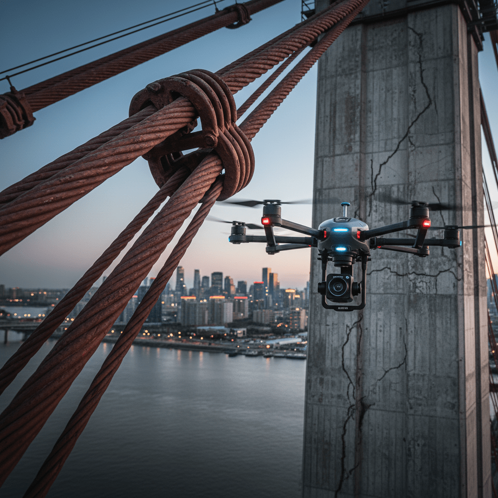 Drone captures ultra-realistic close-up of suspension bridge steel cables and support pillars.